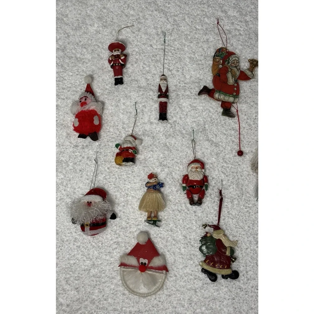 15 Santa Christmas Ornaments Crochet Macrame Bells, Clips, Vintage Handmade
